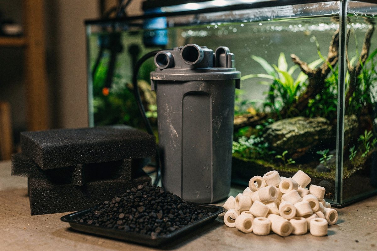 Foam, carbon and bio-media set beside an open canister filter