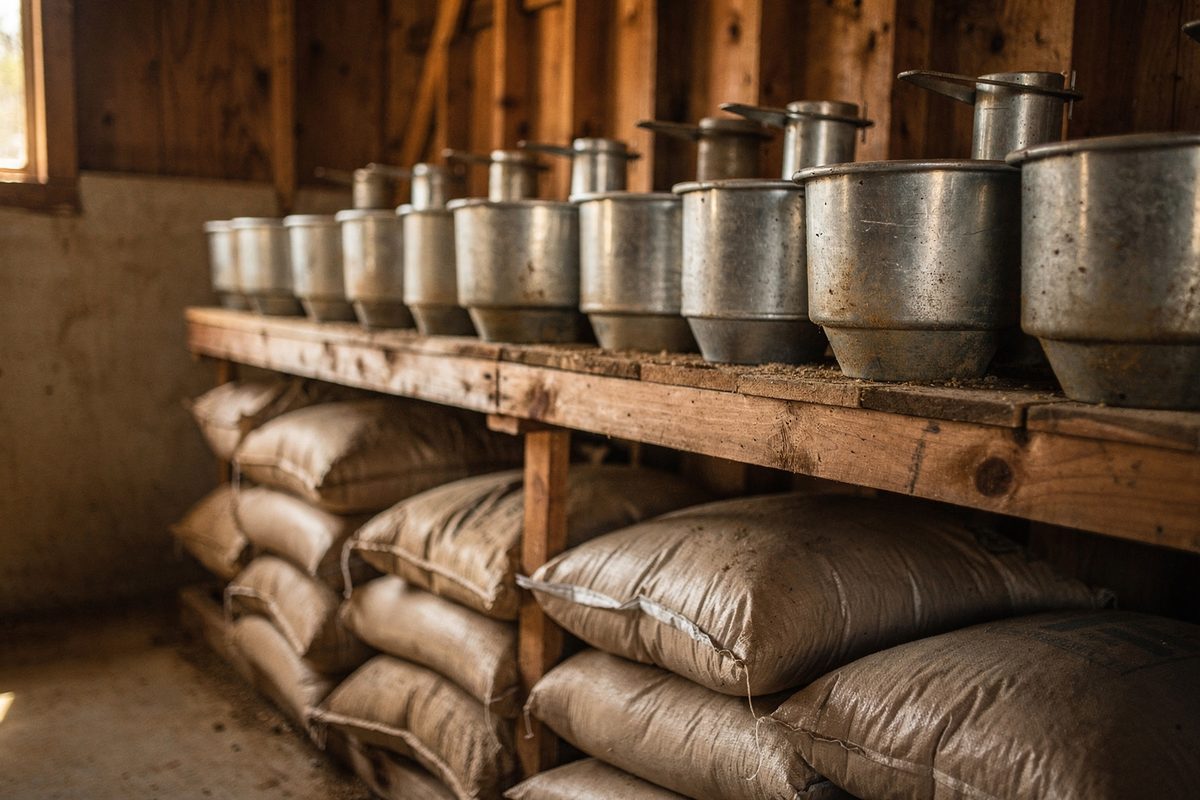 Feed room shelf lined with gravity feeders and waterers