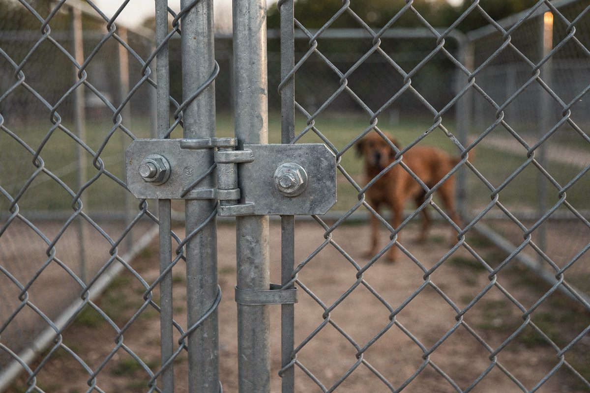 Galvanized hinge fitted to a chain-link kennel run gate