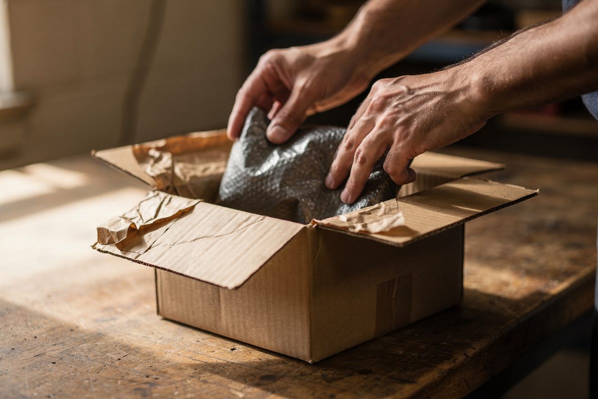 Hands packing a small parts order into a shipping box