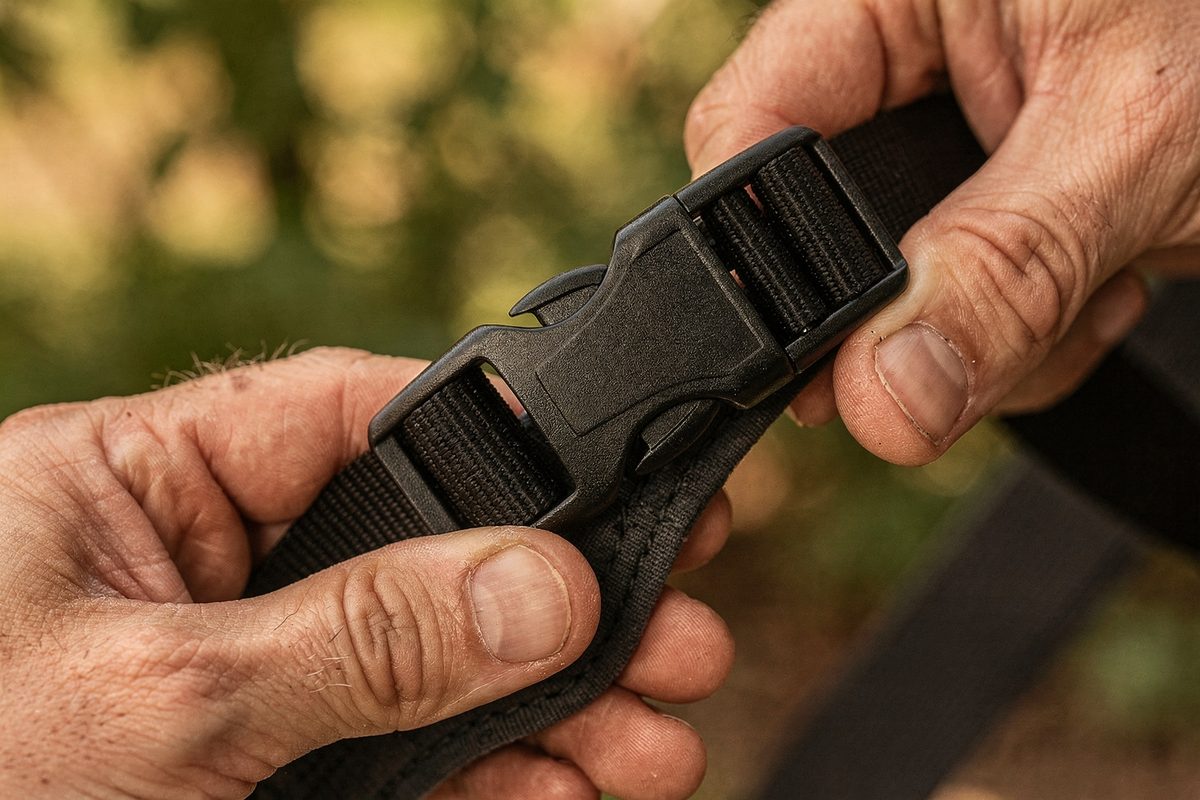 Quick-release buckle clipped on a dog harness strap