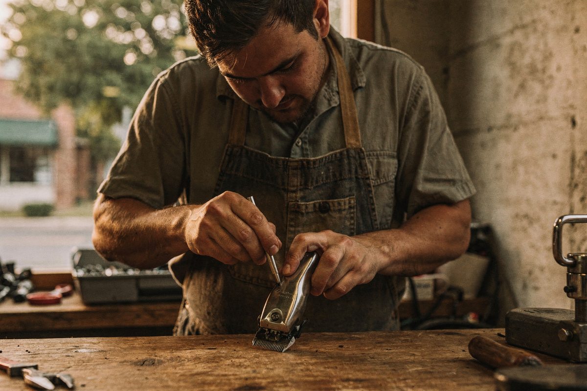 Staff member fitting a clipper blade at a workbench