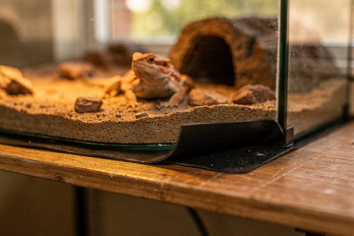 Heat mat positioned beneath a glass terrarium enclosure