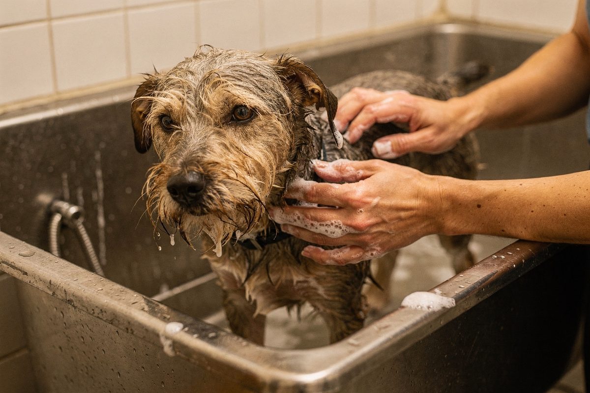 Hands bathing a calm terrier in a grooming tub