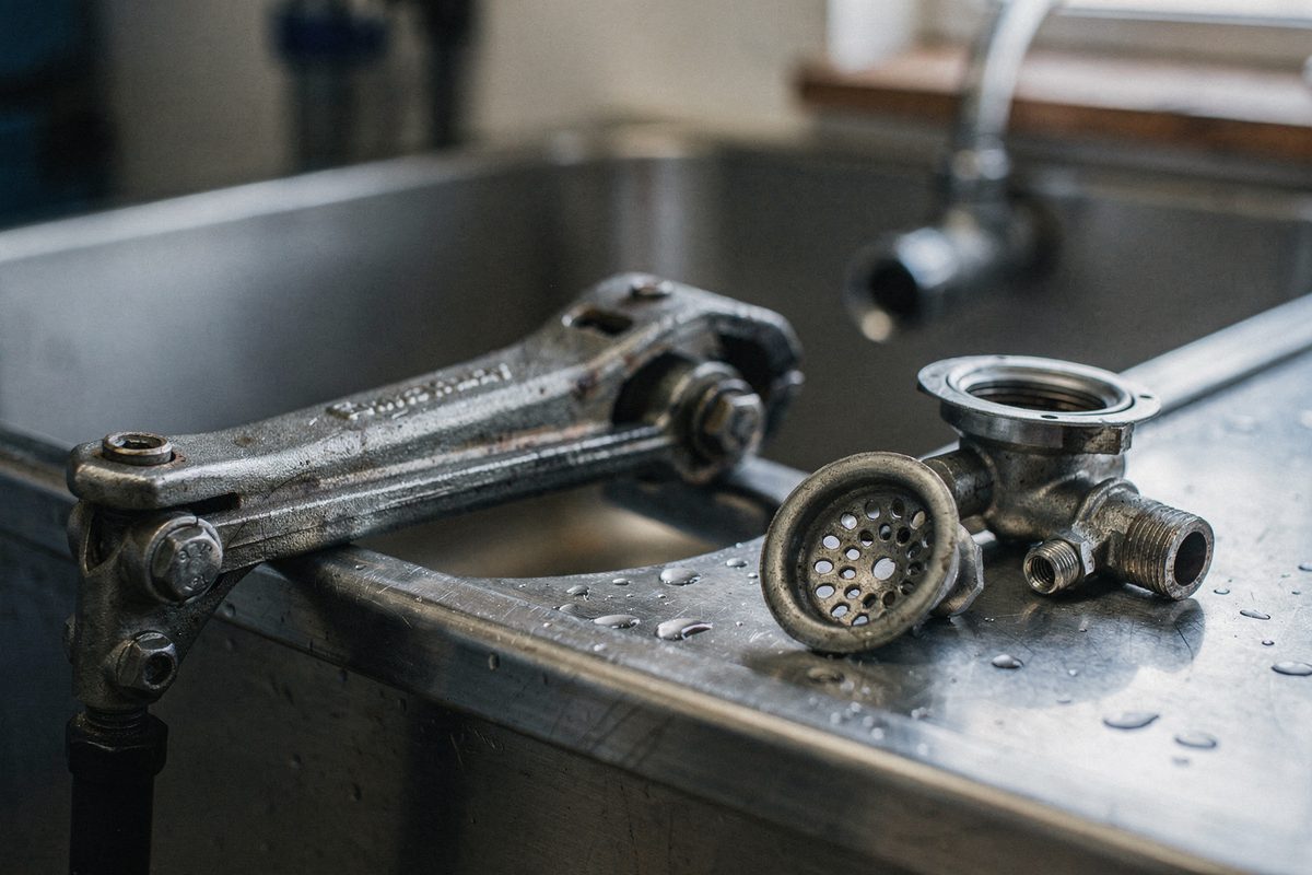 Arm clamp and drain fittings laid beside a grooming tub
