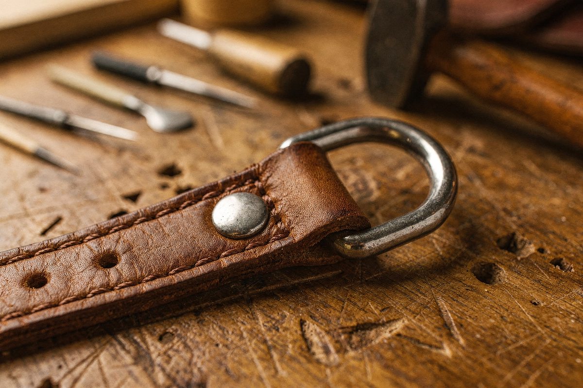 Welded steel D-ring stitched onto a leather leash